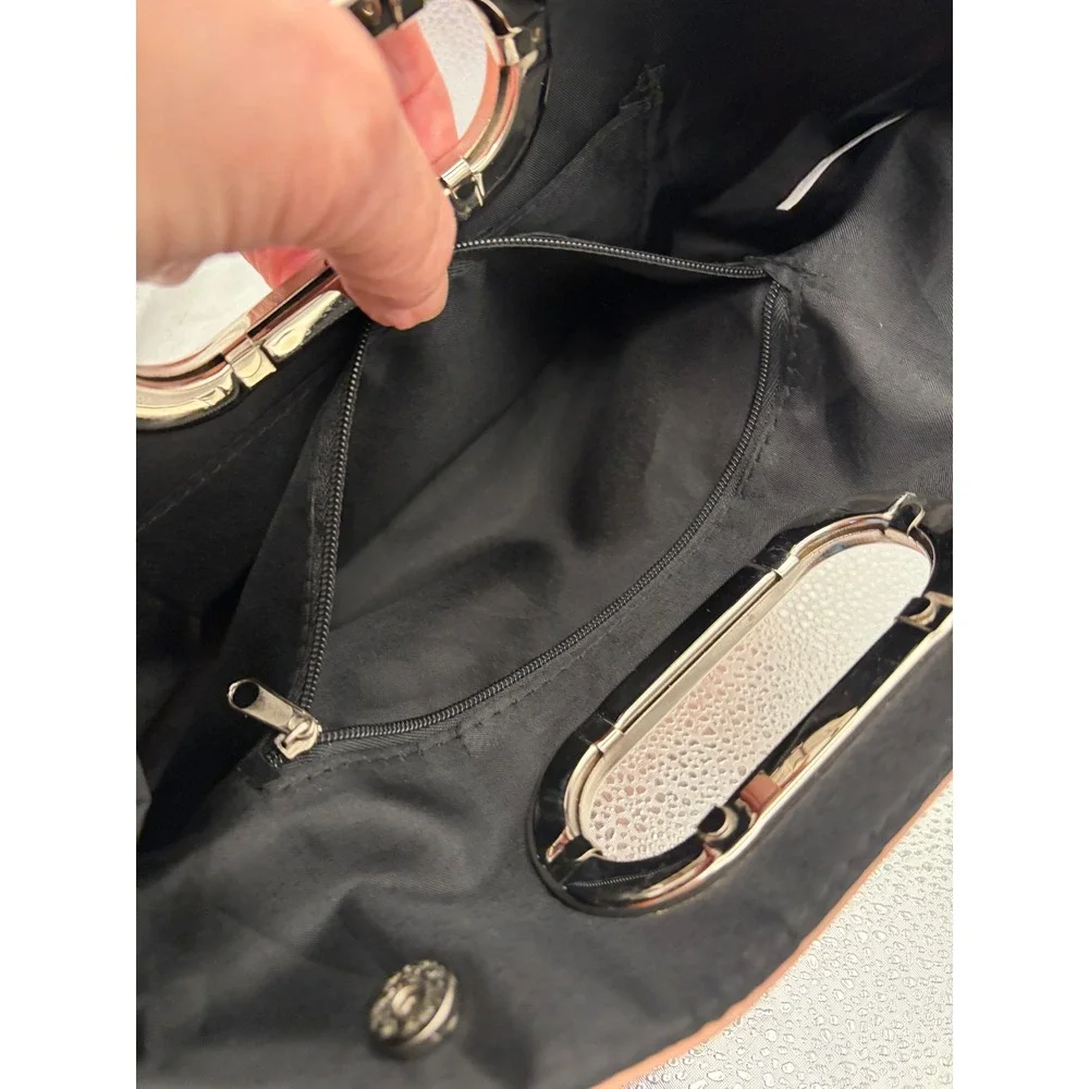 Pink Polka Dot Clutch‎ Bag Silver Metal Handle Pleated Faux Leather Handbag